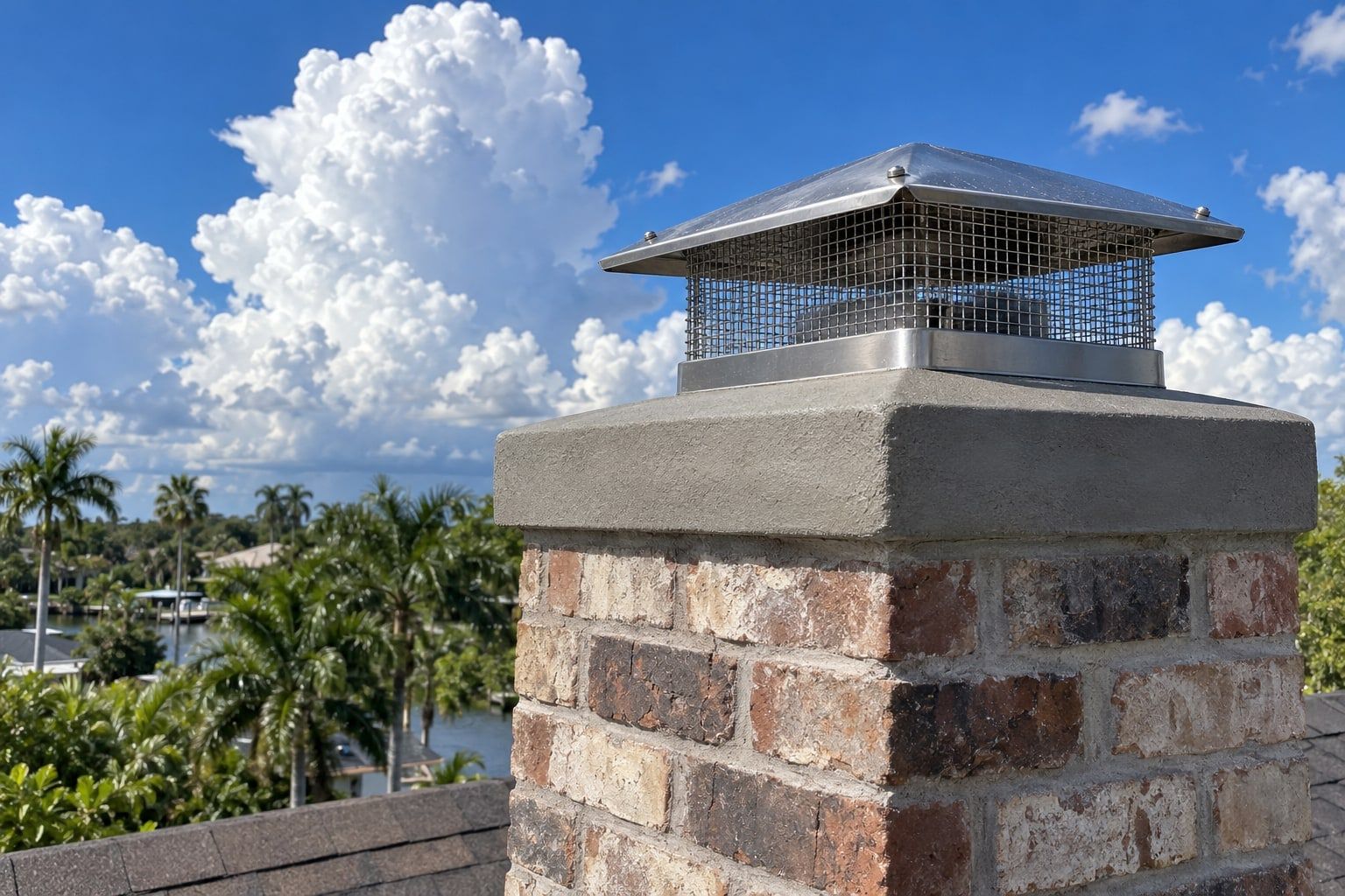 A stainless steel mesh cap on a brick chimney with a smooth concrete crown, against a blue sky with tall white clouds and palms below