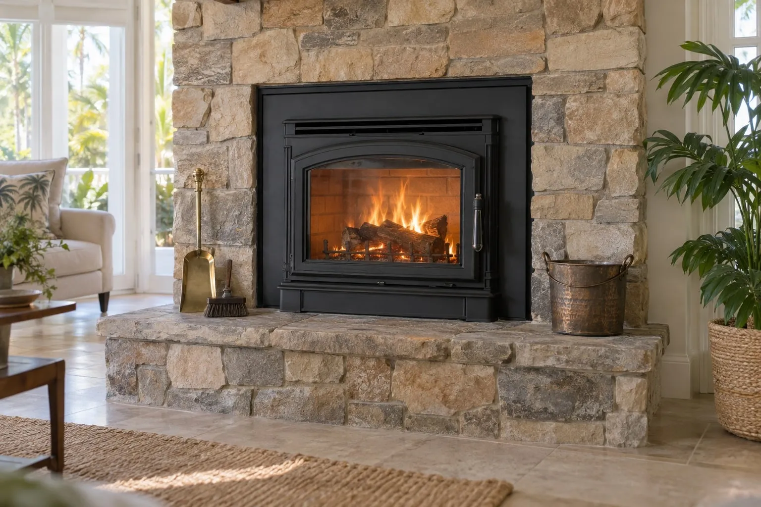 A black fireplace insert with a glass door and a lit fire in a stone surround, with a brass ash shovel and a small metal bucket on the hearth