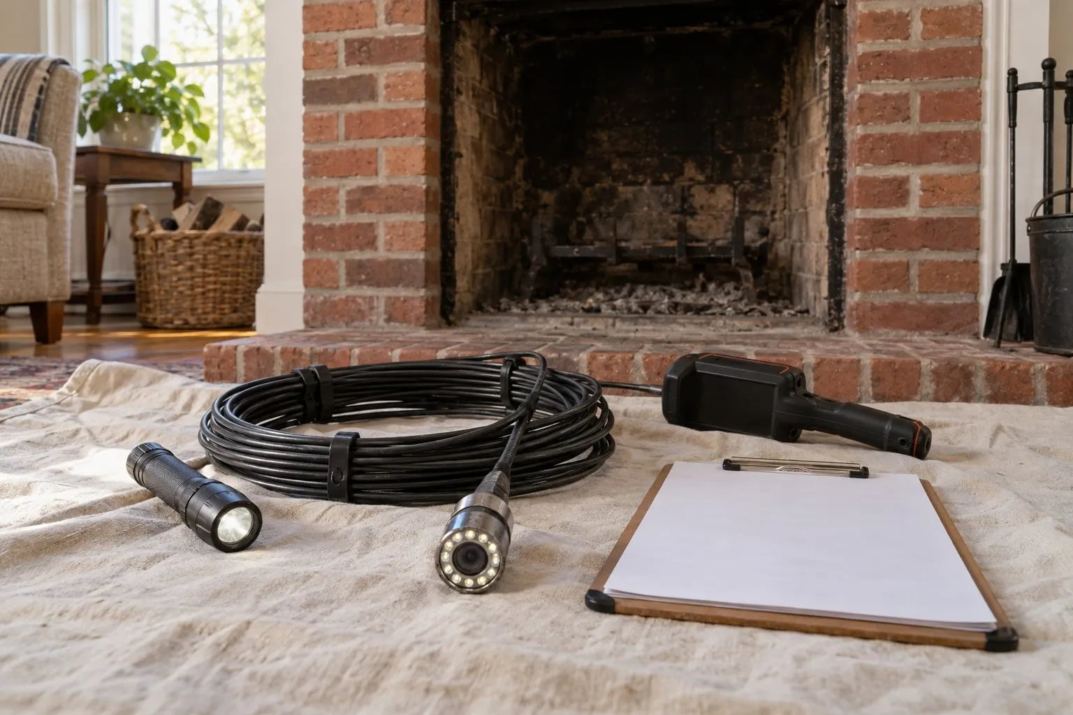 An inspection camera on a coiled black cable, a flashlight, a handheld monitor and a blank clipboard on a dust sheet in front of an open red-brick fireplace