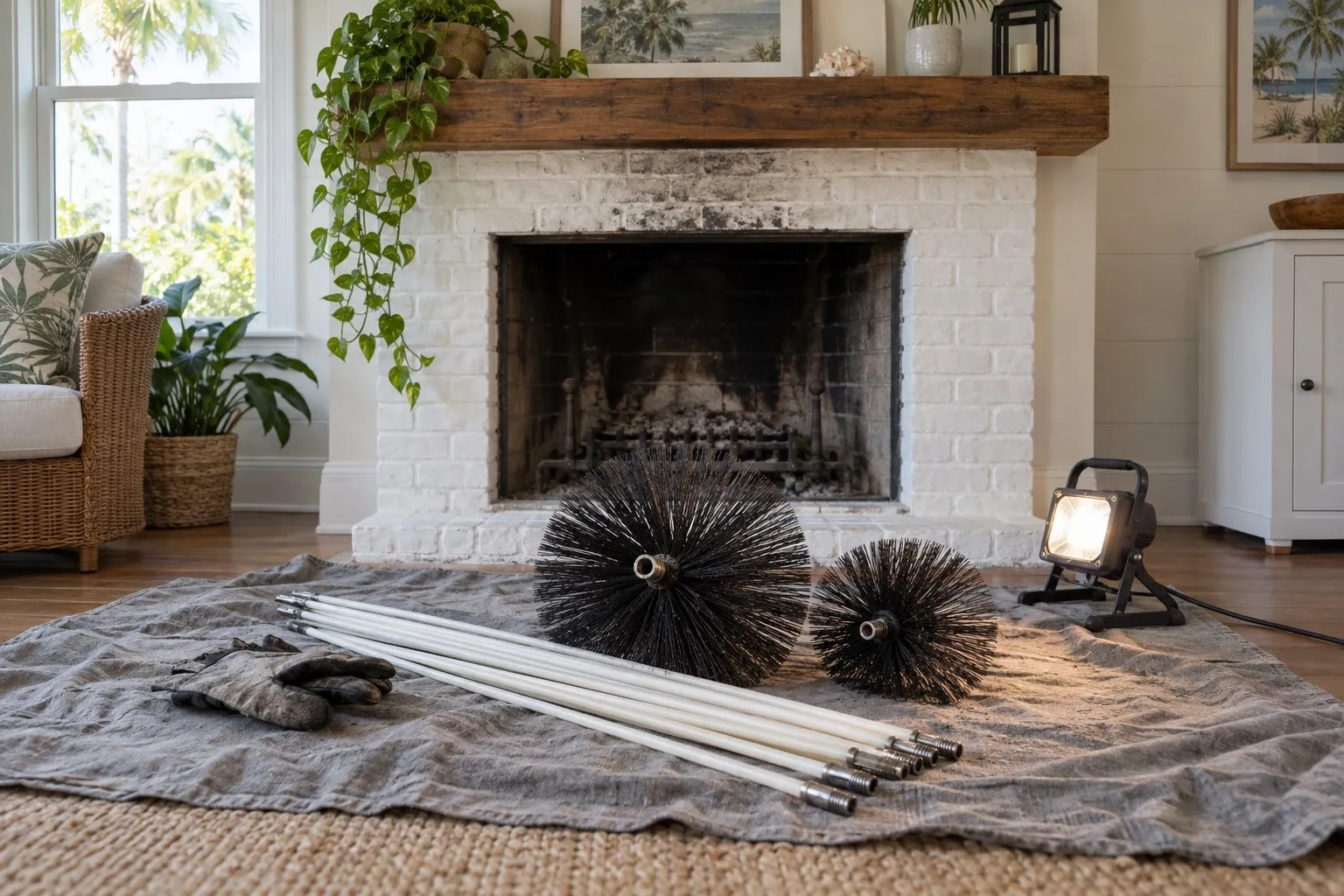 Round black chimney brushes and white fibreglass rods laid on a grey drop cloth in front of a white-painted brick fireplace, with a work lamp beside them